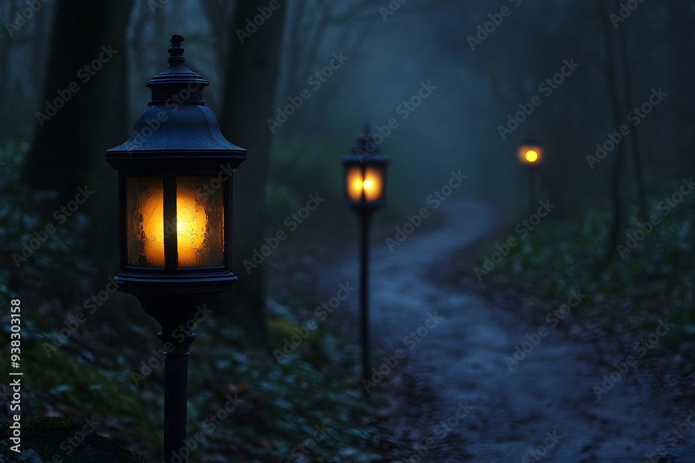 Eerie Lanterns Illuminating an Abandoned Forest Trail, flickering lights casting shadows among gnarled trees, creating an unsettling atmosphere on a lonely path.