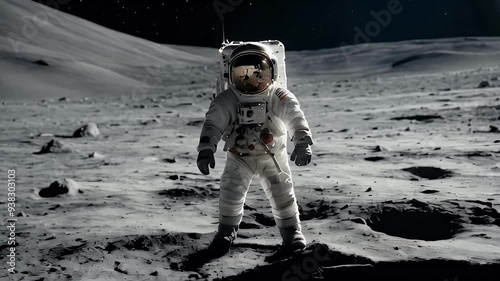 cosmonaut stands on the moon's surface, bathed in the stillness of space, with Earth glowing in the distant background