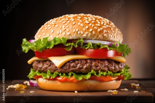 A juicy American classic - a cheeseburger with a beef patty, melted American cheese, lettuce, and tomato, served on a sesame seed bun. photo