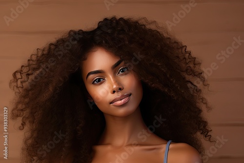 A model curl wearing fashionable clothing poses against a wall for a photo shoot. The focus is on their face featuring a prominent lip and long, styled hair. photo