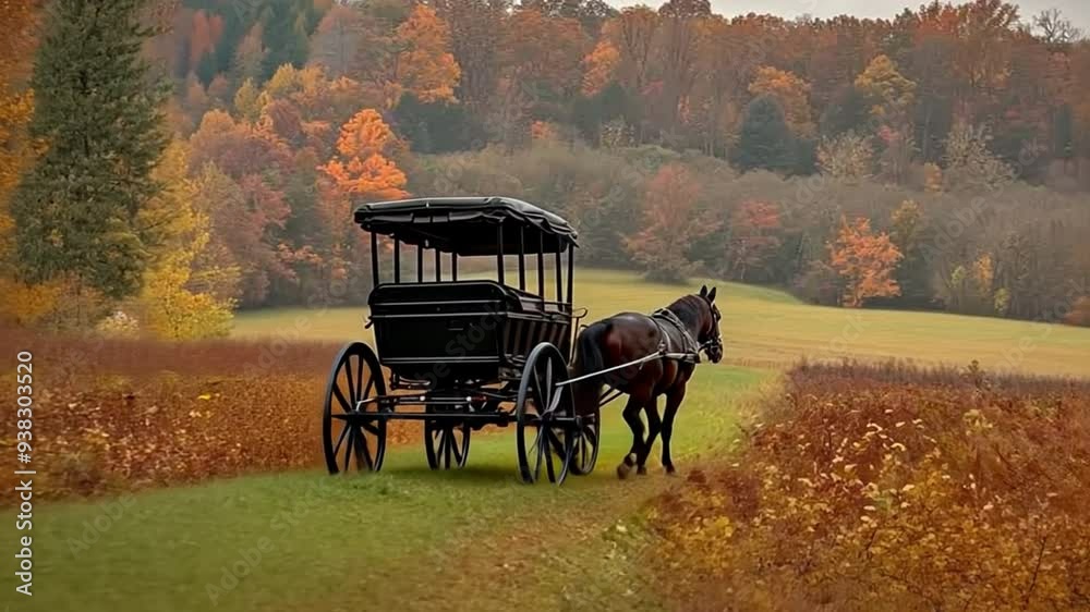 A black Amish-style buggy pulled by a horse in a rural Indiana