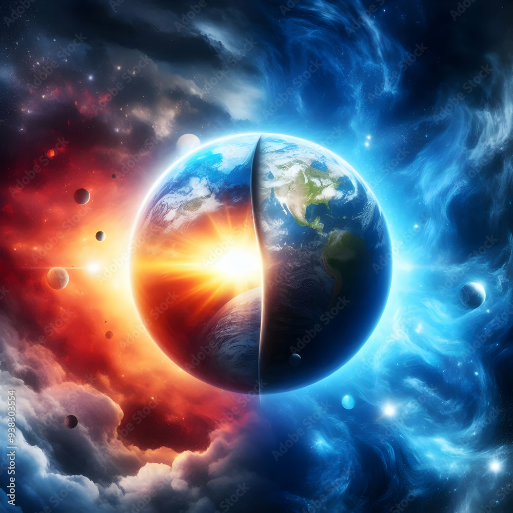 Stunning Photo Realistic Earth at Dawn and Space Nightfall Concept with Whimsical Transition Background Ideal for Graphic Design Projects and Symbolizing Day to Night Shifts in D Stunning Photo Realistic Earth at Dawn and Space Nightfall Concept with Whimsical Transition Background Ideal for Graphic Design Projects and Symbolizing Day to Night Shifts in D