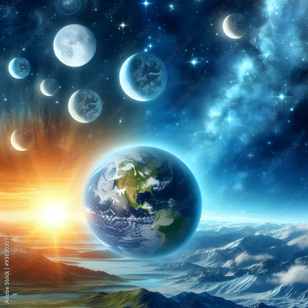 Photo Realistic Earth and Space Concept: Day and Evening View for Earth Day, with Whimsical Background Symbolizing Beauty of Universe Periods Photo Stock Photo Realistic Earth and Space Concept: Day and Evening View for Earth Day, with Whimsical Background Symbolizing Beauty of Universe Periods Photo Stock
