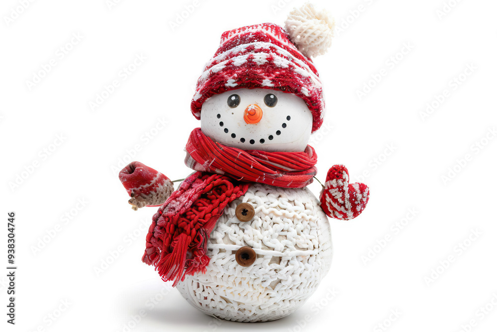 White snowman toy in red fabric hat, alongside a handmade Teddy bear; Christmas vibes with snowy backdrop. White snowman toy in red fabric hat, alongside a handmade Teddy bear; Christmas vibes with snowy backdrop.