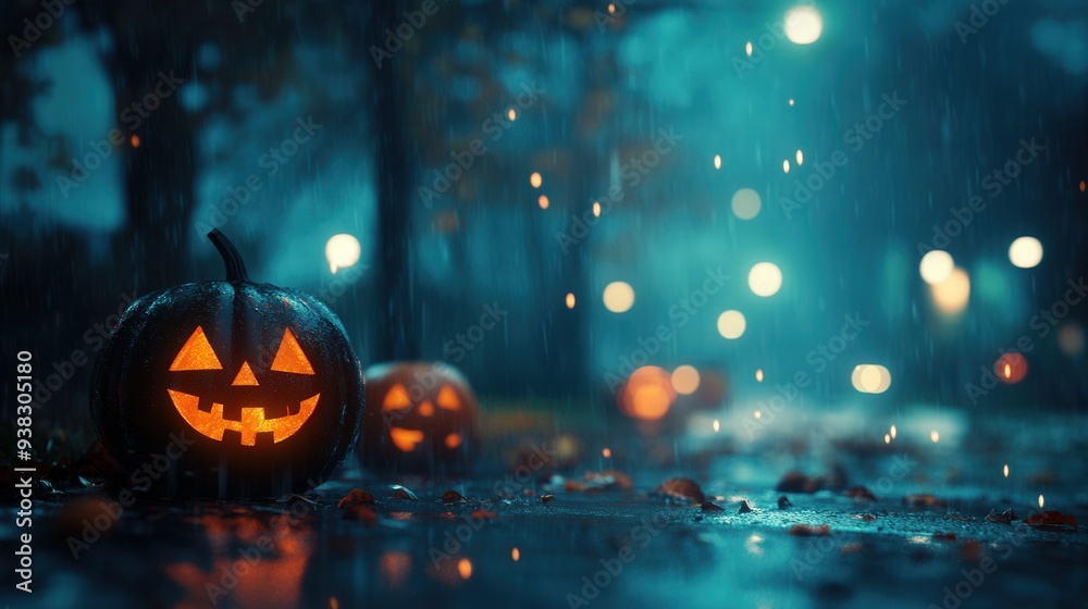 Naklejka premium A pumpkin with a smiley face on it is sitting on a wet sidewalk