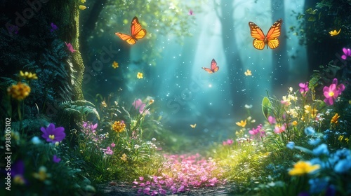 A forest with a path and butterflies flying around