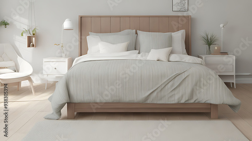 The bed features a tall, tufted headboard in a neutral tone, adding a touch of sophistication and comfort