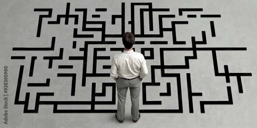 A businessman stands in front of a complex maze, symbolizing the difficulties on the way to success. A businessman stands in front of a complex maze, symbolizing the difficulties on the way to success.