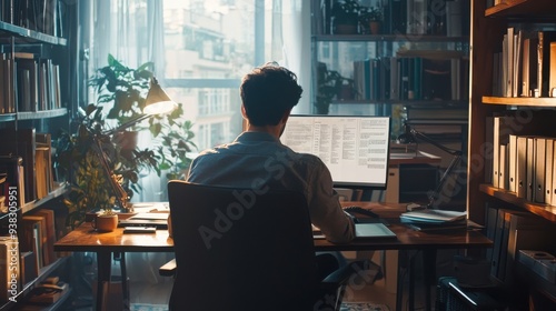 A writer collaborating with an AI assistant to create a novel, with the AI suggesting plot ideas, character developments, and stylistic improvements in a sleek, modern workspace.