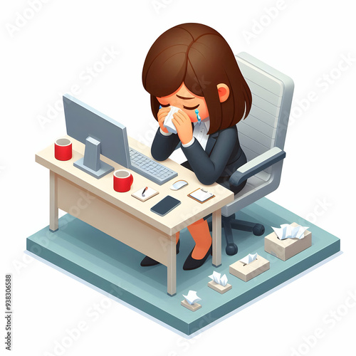 3d Flat icon as Businesswoman crying at her desk tissues around looking defeated concept as A businesswoman sitting at her desk crying with tissues around her looking defeated and stressed in a corpor photo