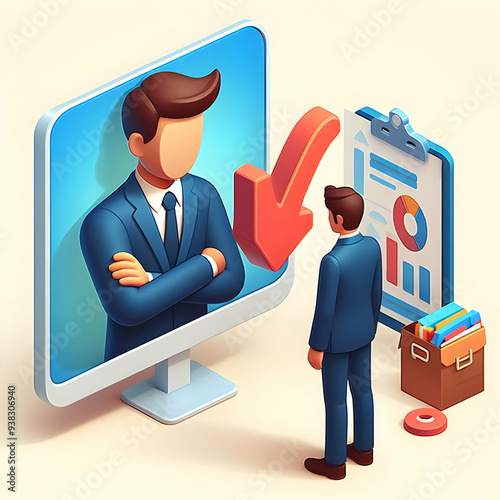 3d Flat icon as Employee with rejected proposal concept as An employees profile blended with a rejected proposal symbolizing the disappointment of unapproved ideas. Ideal for business and corporate ad photo