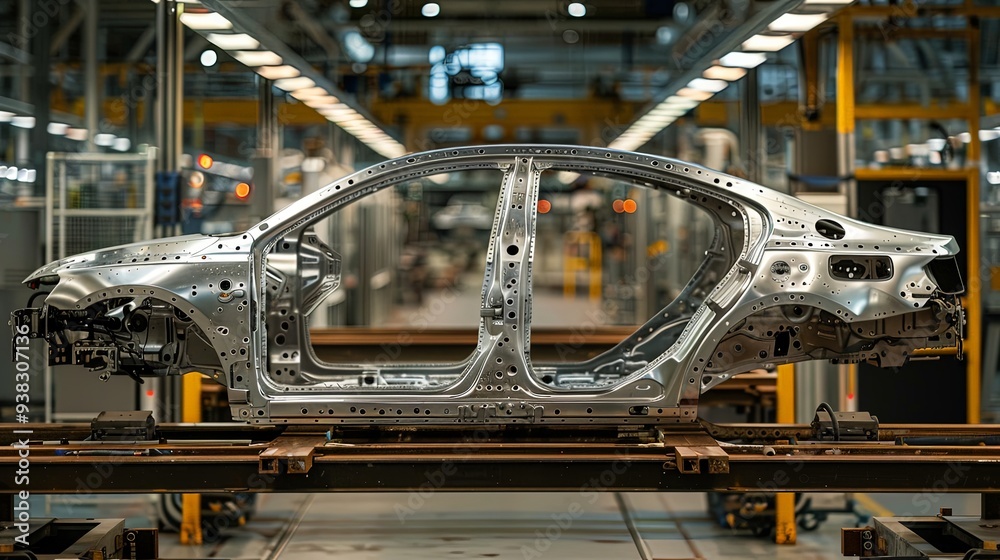 A close-up of a car frame moving through an automated production line in a vehicle manufacturing plant, capturing the complexity and precision of modern automotive engineering.