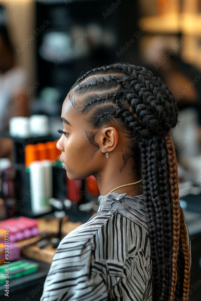 Hair stylist braiding a client's hair in a salon, with various braiding tools and accessories on the counter. Hair stylist braiding a client's hair in a salon, with various braiding tools and accessories on the counter.