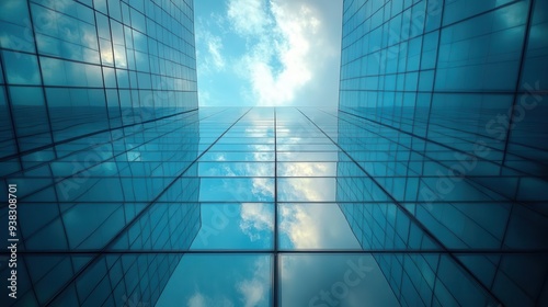 geometric patterns of glass and steel in towering skyscrapers low angle shot captures reflections of clouds and sky creating abstract interplay of light and architecture