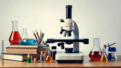 3d Flat icon as School Laboratory and Microscope concept as A whimsical school laboratory with a microscope set against a dreamy background offering ample space for text or graphics symbolizing the co photo