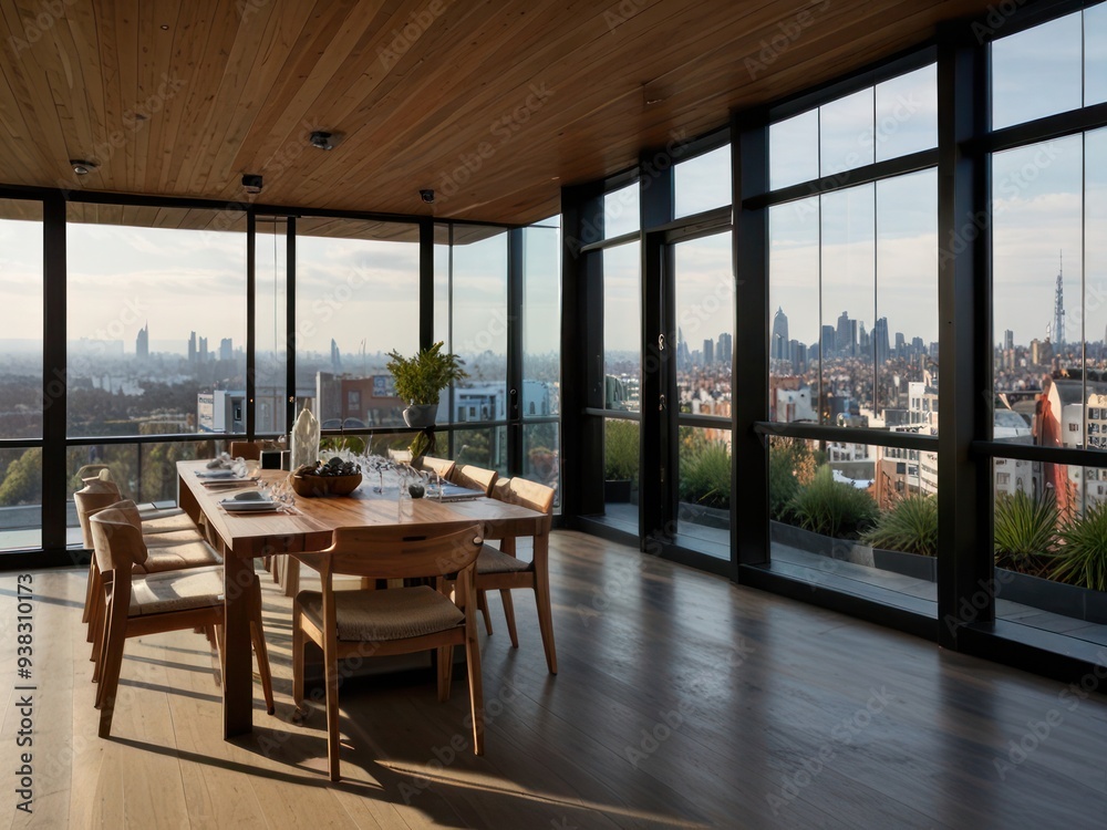 Fototapeta premium Modern Dining Room with Expansive City Skyline View at Sunset