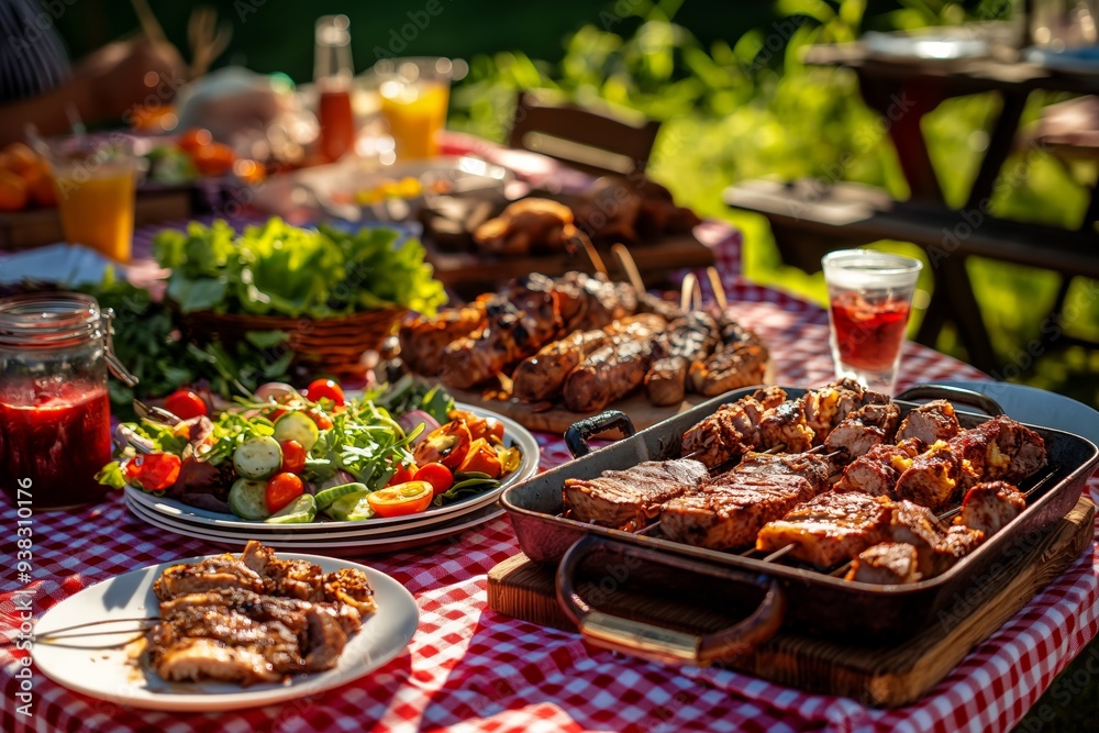 Obraz premium Barbecue party setup with a large picnic table covered with a red-checkered tablecloth, laden with grilled meats, salads, and refreshing drinks.