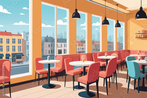 Cafe interior with panoramic windows, square wooden tables, yellow chairs and bar stools. 3d rendering.