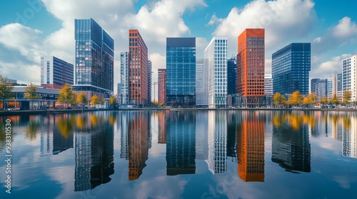 Cityscape of Amsterdam Zuidas, modern office buildings mirrored in the water photo