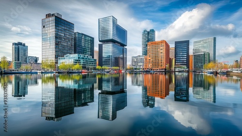 Cityscape of Amsterdam Zuidas, modern office buildings mirrored in the water photo