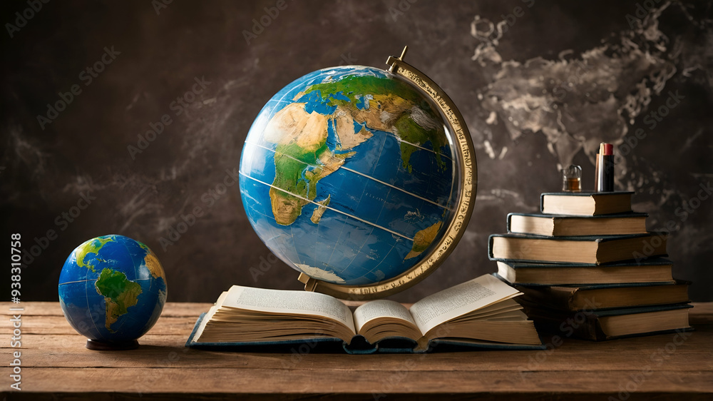 Photo Realistic as Book and Earth Globe concept as A book next to an earth globe set against a whimsical background offering ample space for text or graphics symbolizing the importance of global aware Photo Realistic as Book and Earth Globe concept as A book next to an earth globe set against a whimsical background offering ample space for text or graphics symbolizing the importance of global aware