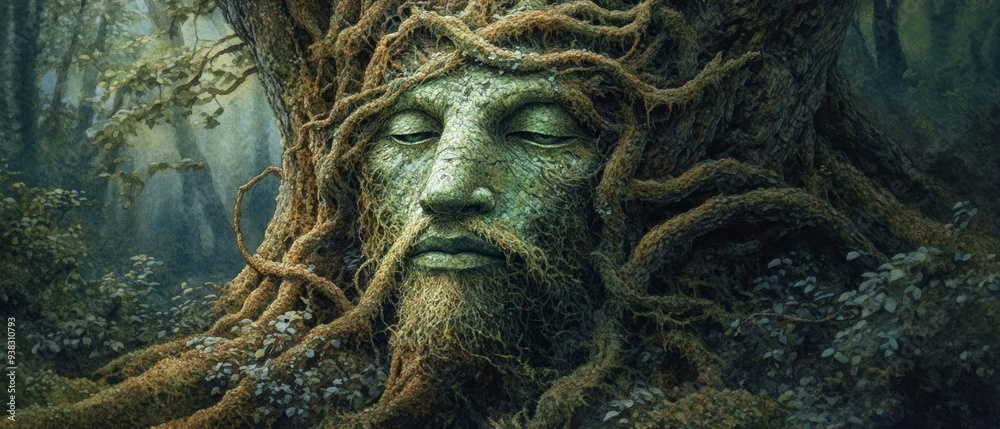 Fototapeta premium Green Man Forest Guardian Paganism Religion Spiritual Symbol