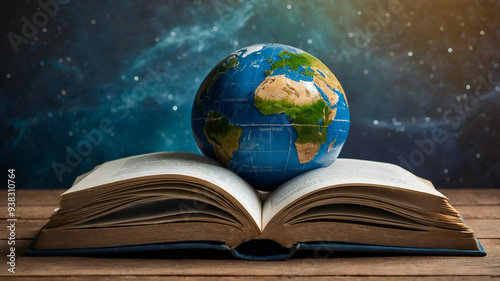 Photo Realistic as Book and Earth Globe concept as A book next to an earth globe set against a whimsical background offering ample space for text or graphics symbolizing the importance of global aware