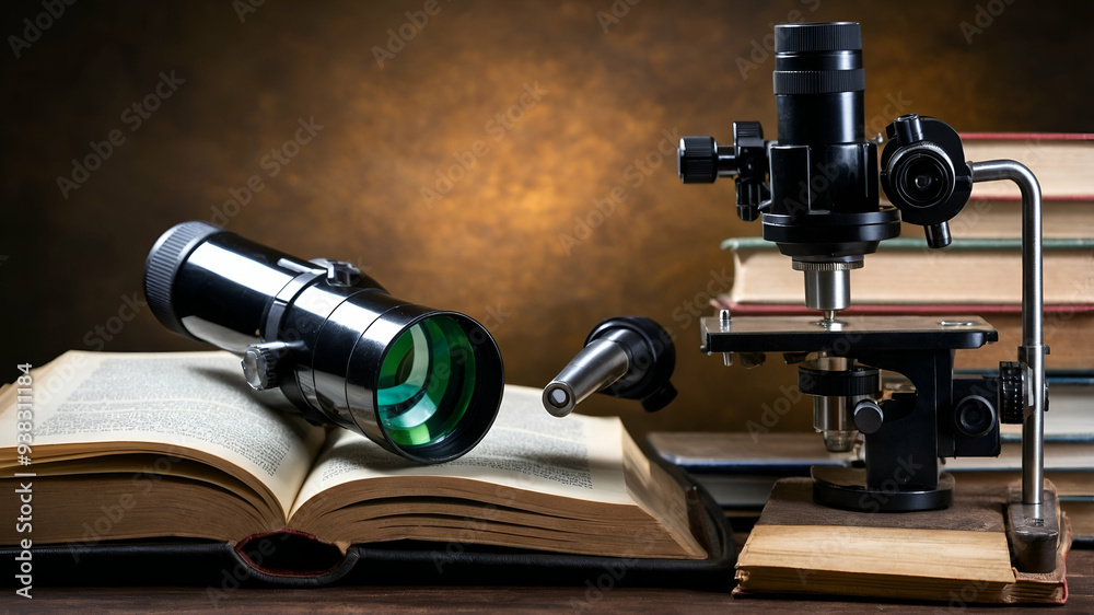 Fototapeta premium Photo Realistic as Book and Microscope concept as A book next to a microscope set against a dreamy background offering ample space for text or graphics symbolizing the connection between literature an