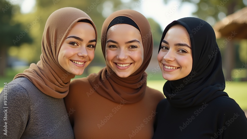 Three young smiling women in hijabs enjoying time outdoors Three young smiling women in hijabs enjoying time outdoors