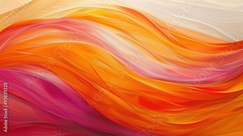 Abstract fluid art with vibrant waves of orange, red, and pink flowing seamlessly to create a dynamic, warm composition.