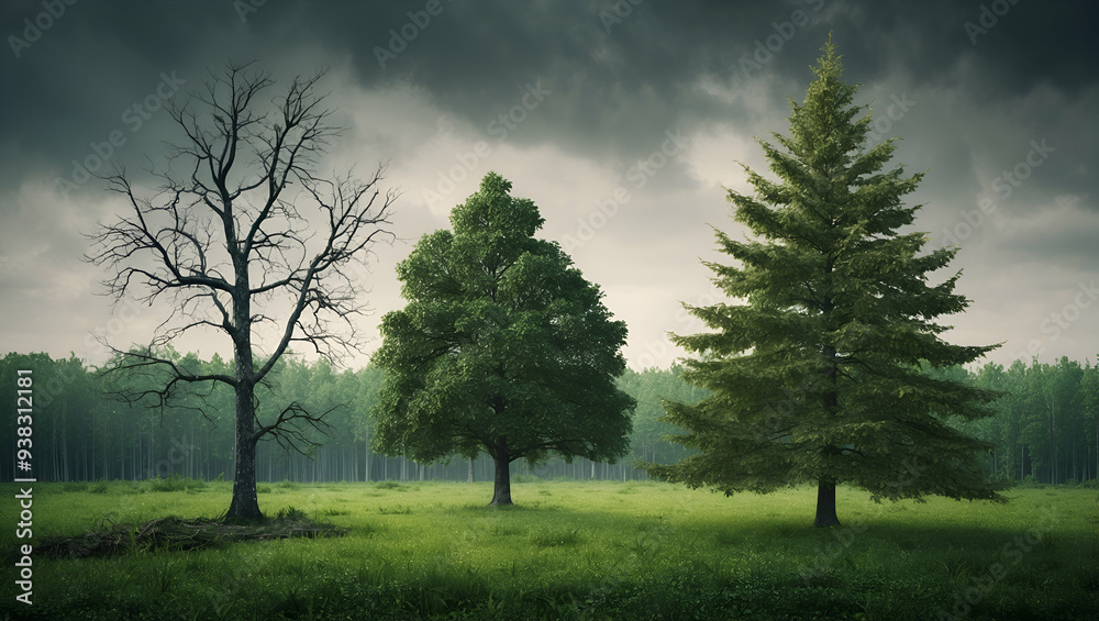 Obraz premium Photo Realistic as Dying Trees and Flourishing Forest concept as A view illustrating dying trees and a flourishing forest set against a dreamy background offering ample space for text or graphics symb