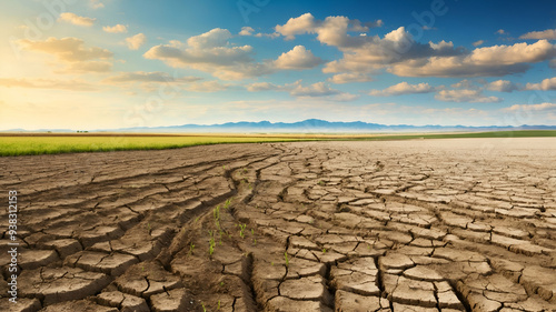 Photo Realistic as Drought and Fertile Farmland concept as A view featuring drought stricken land and fertile farmland set against a whimsical background offering ample space for text or graphics symb photo