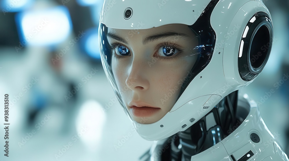 humanoid robot in sleek metallic finish working at holographic interface futuristic office setting with ambient blue lighting ai assistant seamlessly integrating into corporate environment humanoid robot in sleek metallic finish working at holographic interface futuristic office setting with ambient blue lighting ai assistant seamlessly integrating into corporate environment