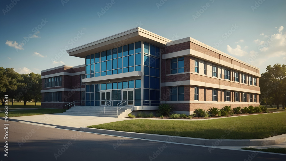 Photo Realistic as School Building and Playground concept as A whimsical school building with a playground set against a dreamy background offering ample space for text or graphics symbolizing the bal Photo Realistic as School Building and Playground concept as A whimsical school building with a playground set against a dreamy background offering ample space for text or graphics symbolizing the bal
