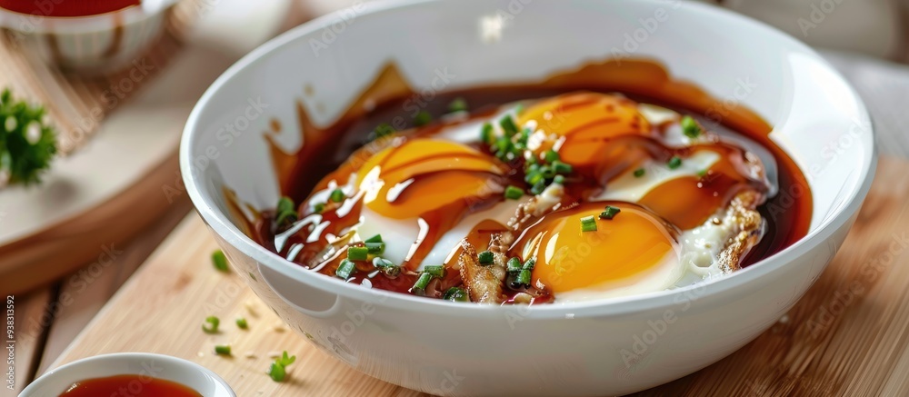Telur Ceplok Masak Kecap Or Fried Eggs With Sweet Soy Sauce Served In White Bowl Selective Focus Telur Ceplok Masak Kecap Or Fried Eggs With Sweet Soy Sauce Served In White Bowl Selective Focus