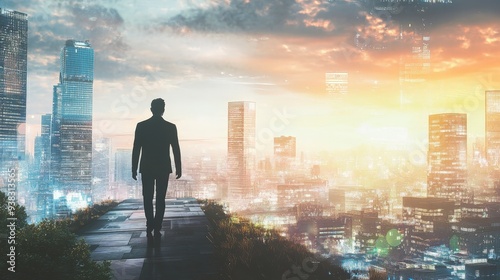 Silhouette of a man walking towards a city skyline at sunset.