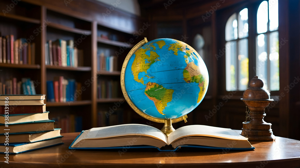 Photo Realistic as School Library and Globe concept as A whimsical school library with a globe set against a dreamy background offering ample space for text or graphics symbolizing the global perspect Photo Realistic as School Library and Globe concept as A whimsical school library with a globe set against a dreamy background offering ample space for text or graphics symbolizing the global perspect