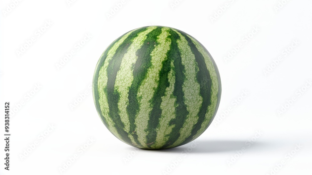 A whole green watermelon with dark green stripes is sitting on a white background. A whole green watermelon with dark green stripes is sitting on a white background.