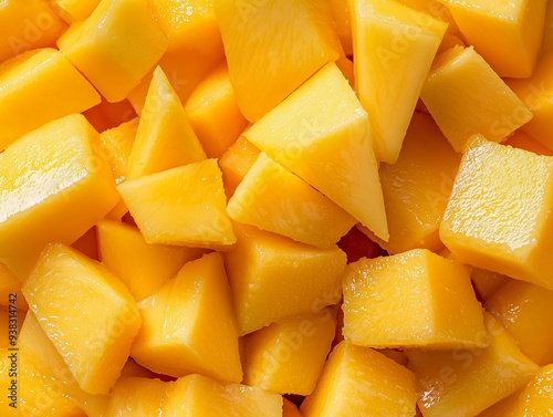 Top-Down Photograph of Ripe Diced Mango, Juicy Tropical Fruit for Summer Snacks, Vegan Dishes, and Fresh Desserts
