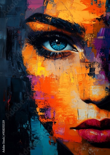 vibrant and detailed abstract portrait focusing on a woman's blue eye, Abstract, portrait, female, blue eye, vibrant colors, textured, digital art, expressive
