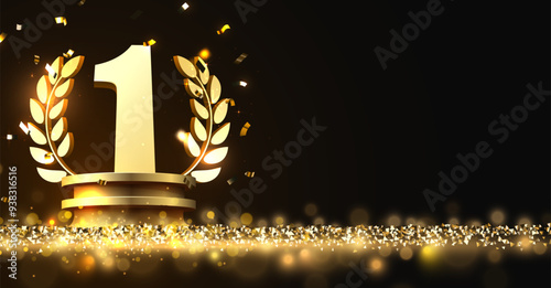 Winner award. Number one. Golden laurel wreath on podium with falling confetti.