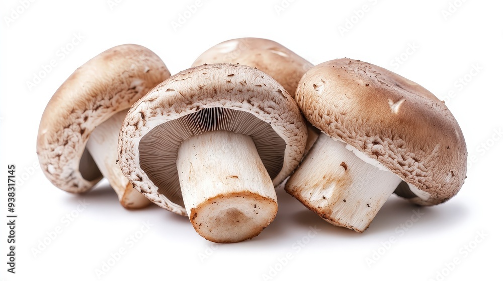Close-up of three whole brown mushrooms with visible gills, isolated on a white background. Close-up of three whole brown mushrooms with visible gills, isolated on a white background.
