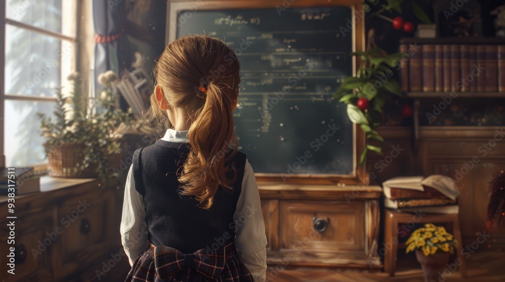 Rear view of a schoolchild with a braid, standing at a blackboard, deeply involved in learning and classroom studies. Rear view of a schoolchild with a braid, standing at a blackboard, deeply involved in learning and classroom studies.