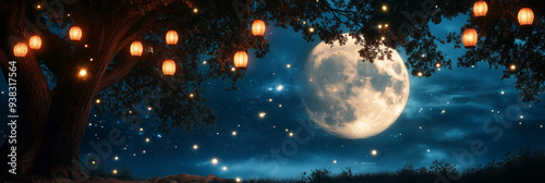 Minimalist 3D rendered night sky with lanterns and a glowing full moon, calming mid autumn festival backdrop
