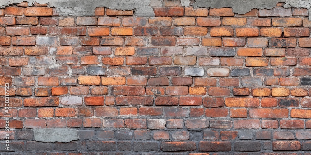 Naklejka premium Old brick wall with gray mortar and some missing bricks.