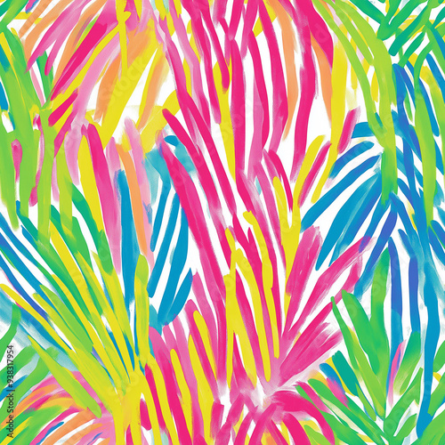 Bright, fun, sketched seamless background with flowers. Tropical southern style