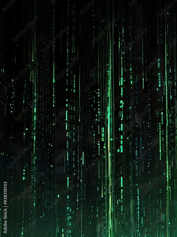 A mesmerizing cascade of luminescent green data streams flows downward in a shimmering curtain, suspended against a rich, inky black background, evoking a sense of futuristic intensity A mesmerizing cascade of luminescent green data streams flows downward in a shimmering curtain, suspended against a rich, inky black background, evoking a sense of futuristic intensity