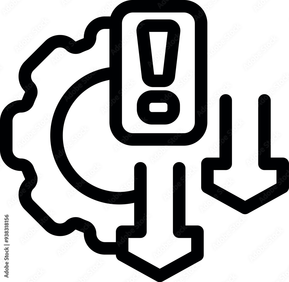 Simple vector showing the concept of a system failure with a gear and two down arrows Simple vector showing the concept of a system failure with a gear and two down arrows