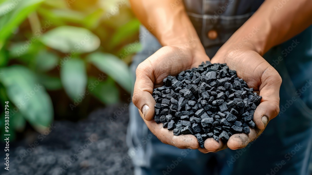 Close-up of hands holding charcoal, with a blurred background of green leaves. Close-up of hands holding charcoal, with a blurred background of green leaves.