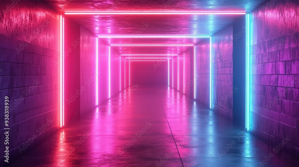 Futuristic neon lights illuminate a concrete corridor with pink and blue hues. Futuristic neon lights illuminate a concrete corridor with pink and blue hues.